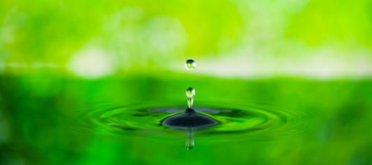 Water droplet on a water surface with green blurry scenery