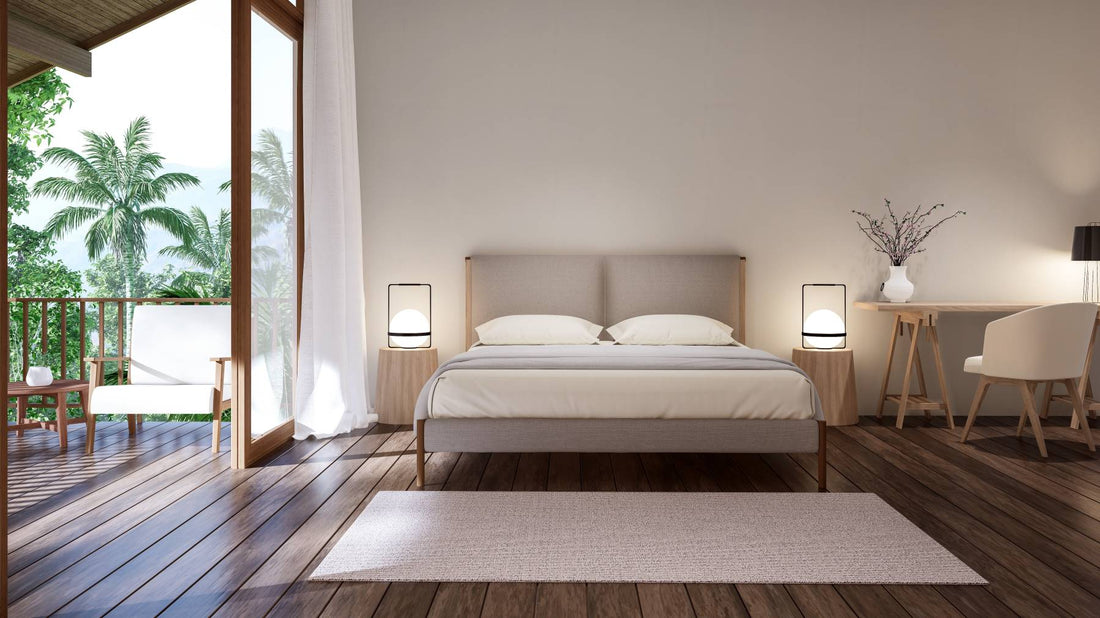 Modern contemporary bedroom opens to the wooden terrace outside 3d render. 