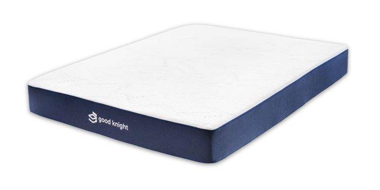 Good Knight Athena mattress in a transparent background. The all-natural latex mattress is displayed from an angle and features a white top panel and a navy blue border. The Good Knight signature logo with the Good Knight Shield and the word "Good Knight" is embroidered at the center of the front border.