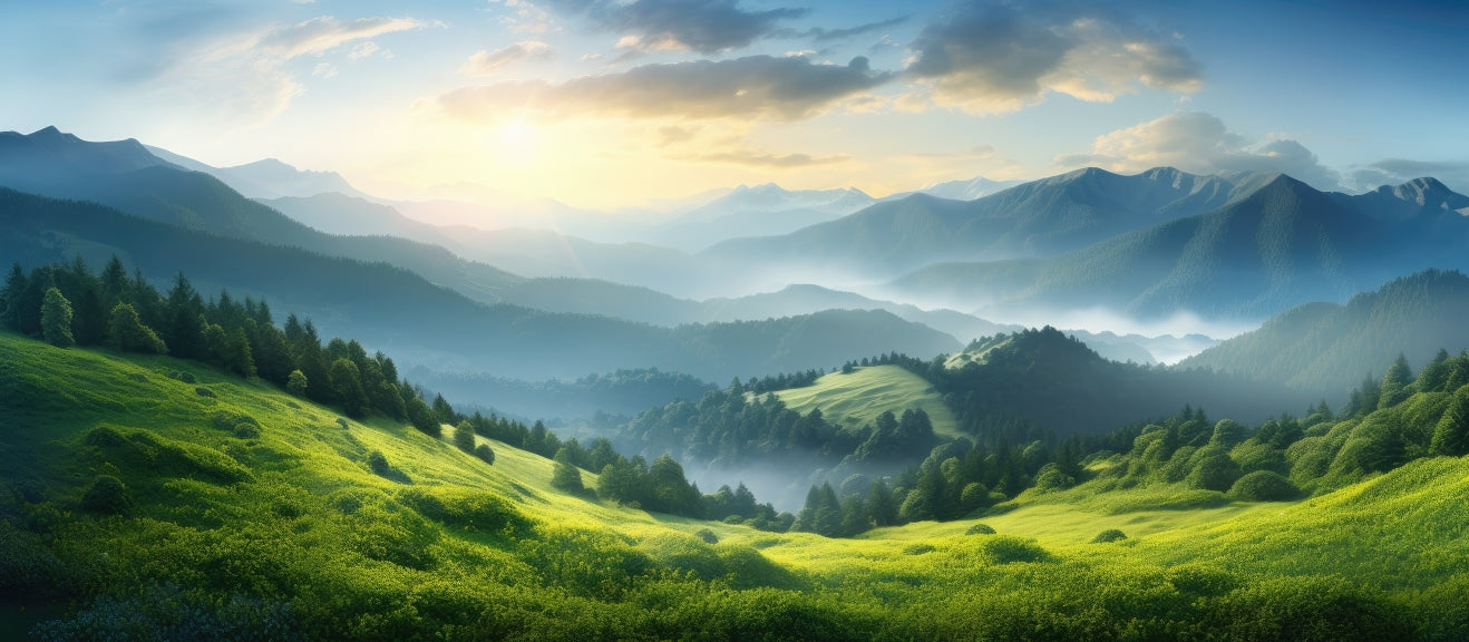 The sun in the blue sky casting a warm, golden glow across the mountain landscape. The lush greenery exudes a sense of tranquility and optimism.. 